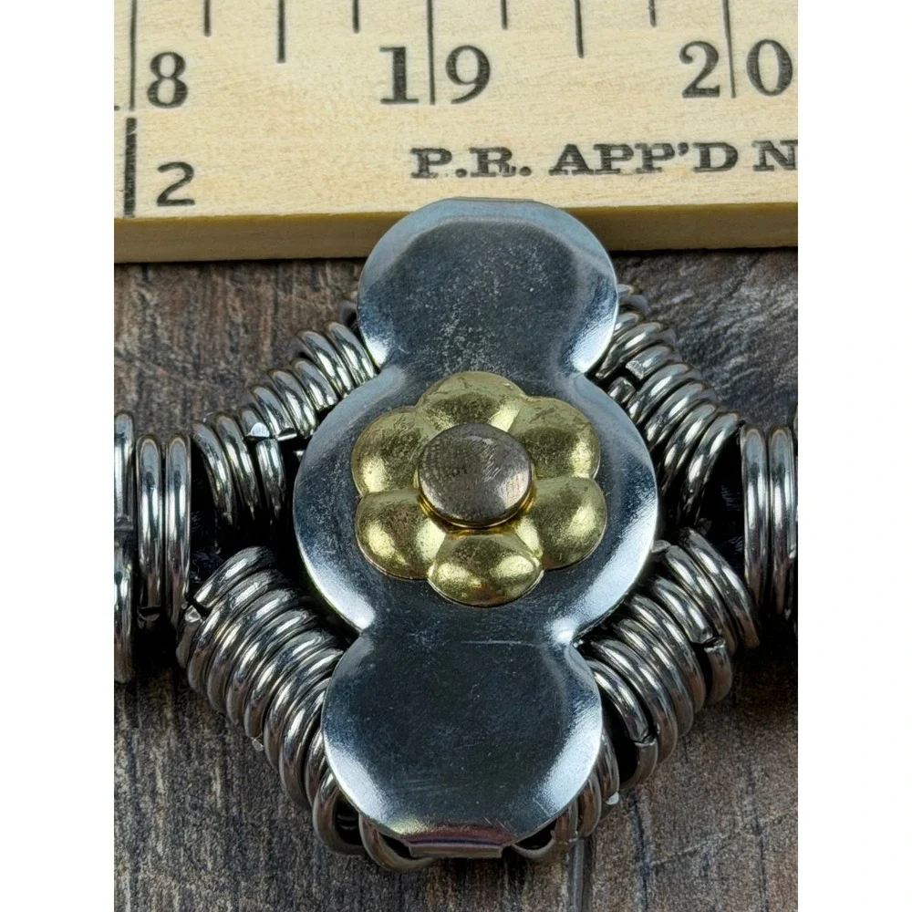 Vintage 80s‎ Black Cord Belt Silver Coil Spring Chain Disc Flower Made Korea